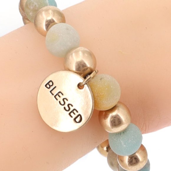 Jewelry - 1147-Blessed Metal Round Charm Stretch Bracelet- Mint/Gold